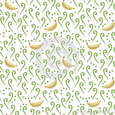 Simple ornament with yellow fruits bananas, green curls and dots on a white background. Seamless vector pattern. Vector Illustration