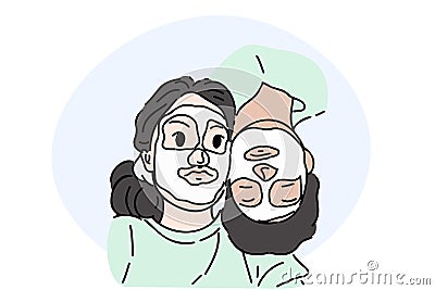Simple outlined hand-drawn vector illustration of couple wear sheet mask together. Young couples spend relaxing time together Cartoon Illustration