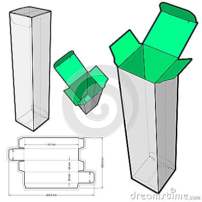 Simple Packaging Box Internal measurement 3.4x3.4x16cm and Die-cut Pattern. Stock Photo