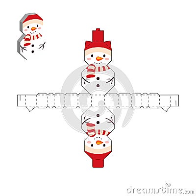 Simple packaging favor box snowman design for sweets, candies, small presents. Party package template. Print, cut out Vector Illustration