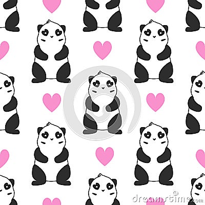 Simple panda face pattern on white background with pink hearts Vector Illustration