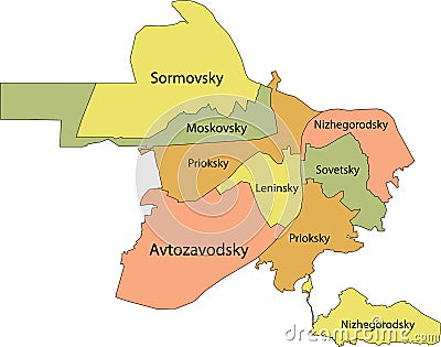 Pastel map of districts raions of Nizhny Novgorod, Russia Vector Illustration