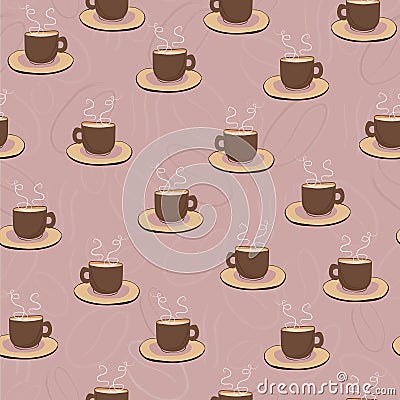 simple pattern with coffee cups in brown color, aromatic coffee on a pink nude background Stock Photo