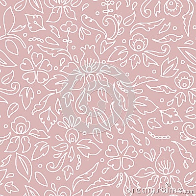 Simple pink and white flowers leaves and swirls, seamless pattern, vector Vector Illustration