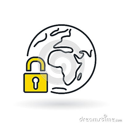 Simple planet icon with yellow secure lock sign Vector Illustration