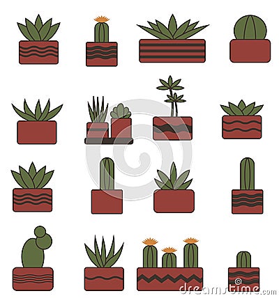 Simple plants with leaves in pots. Houseplants icon set Stock Photo