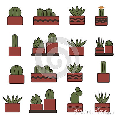 Simple plants with leaves in pots. Houseplants icon set Stock Photo