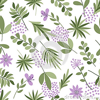 Simple plants pattern. Seamless cute background with flowers and dots. Vector illustration. Template for fashion prints. Vector Illustration