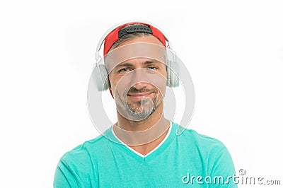 Simple pleasure. Enjoying audio book. Modern earphones concept. Audio education. Audio track. Man handsome unshaven Stock Photo