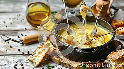 The Simple Pleasures of Dipping Bread into Warm, Delicious Fondue Cheese with a Glass of White Wine Stock Photo