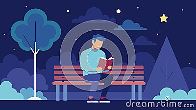 A simple yet poignant portrayal of a lone poet sitting on a park bench under a starry sky reading a poem that reflects Vector Illustration