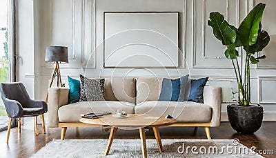 simple poster for an interior White living room wall with a contemporary sofa and other furnishings should be mocked up. duplicate Stock Photo
