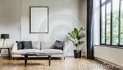 simple poster for an interior White living room wall with a contemporary sofa and other furnishings should be mocked up. duplicate Stock Photo