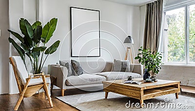 simple poster for an interior White living room wall with a contemporary sofa and other furnishings should be mocked up. duplicate Stock Photo