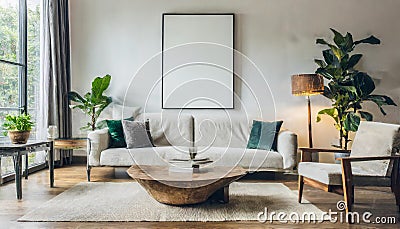 simple poster for an interior White living room wall with a contemporary sofa and other furnishings should be mocked up. duplicate Stock Photo