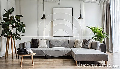 simple poster for an interior White living room wall with a contemporary sofa and other furnishings should be mocked up. duplicate Stock Photo