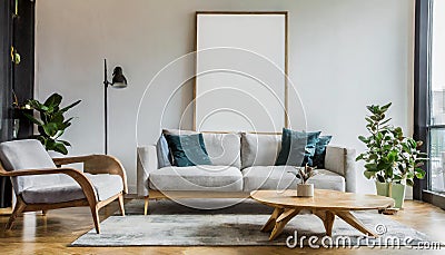 simple poster for an interior White living room wall with a contemporary sofa and other furnishings should be mocked up. duplicate Stock Photo