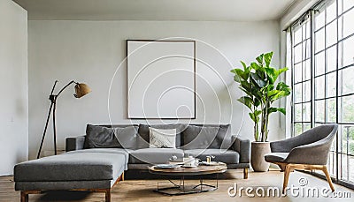 simple poster for an interior White living room wall with a contemporary sofa and other furnishings should be mocked up. duplicate Stock Photo