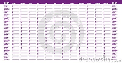 Simple purple linear calendar yearly planner template for 2023 with vertical month grid and highlighted sundays Vector Illustration