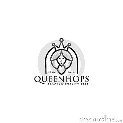 Simple queen with hops logo design, queen beer logo, brewery, clean, premium beer vector, emblems, icon, modern Vector Illustration