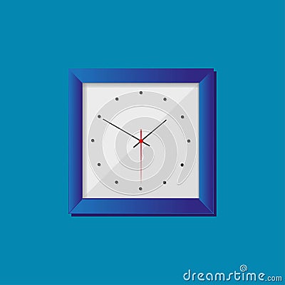 Simple realistic clock in squre blue frame on blue background. Watch on the wall Cartoon Illustration