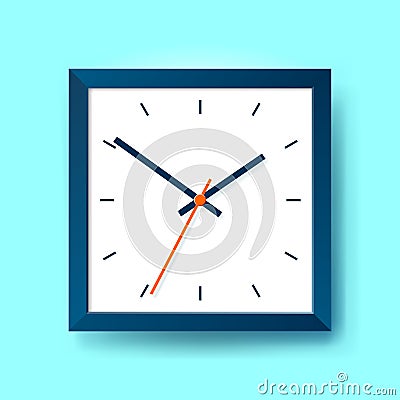 Simple realistic Clock in squre blue frame on color background. Watch on the wall. Vector design object Vector Illustration