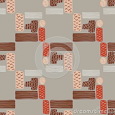 Simple rectangles seamless pattern. Geometry figures in brown, red and grey colors on soft grey background Cartoon Illustration