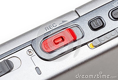 Simple red REC audio recording button, recorder device switch on a portable sound recorder, detail, extreme closeup, nobody Stock Photo