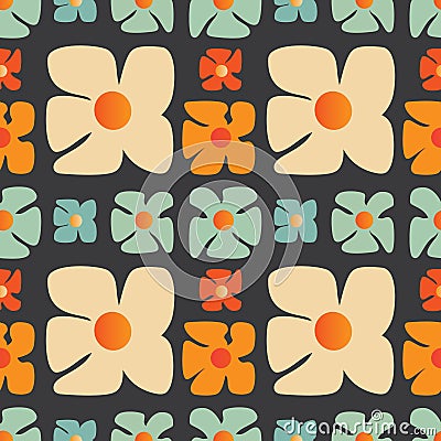 Simple Retro Style Flowers of Various Sizes and Colors Pattern - Summer or Sping Theme from the 60s, 70s - Blue, Red and Brown Vector Illustration