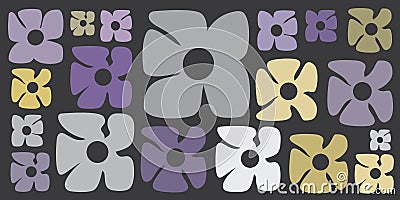 Simple Retro Style Flowers of Various Sizes and Colors Pattern - Summer or Sping Theme from the 60s, 70s - Grey, Brown and Purple Vector Illustration