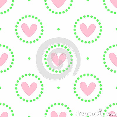 Simple romantic seamless pattern. Repeated cute print with hearts and dots. Vector Illustration
