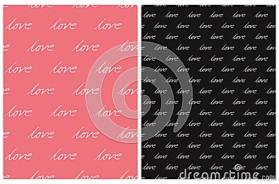 Simple Romantic Seamless Vector Patterns with White Handwritten Love. Stock Photo