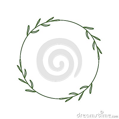 Simple round wreath with contour branches. Border of green leaves. Decorative design element. Doodle frame for logo, invitation, Vector Illustration