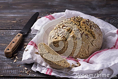 Simple rustic rye oat bread without yeast with seeds Stock Photo