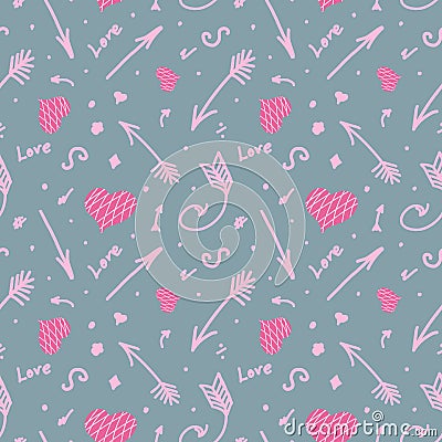 Simple seamless doodle pattern for Valentine's day. Pattern with cupid's arrows and hearts on blue background Stock Photo