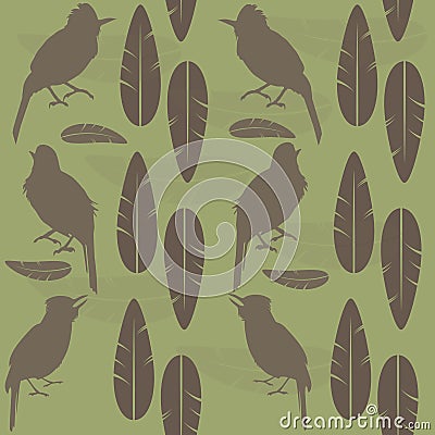 Simple seamless pattern brown singing birds and feathers sitting Vector Illustration