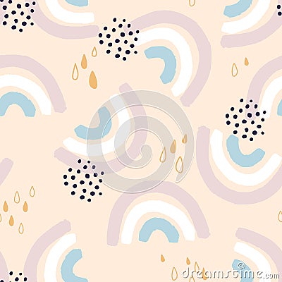 Simple seamless pattern with cartoon rainbows, decor elements.Creative scandinavian kids texture for fabric, wrapping, textile, wa Vector Illustration