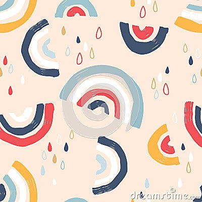 Simple seamless pattern with cartoon rainbows, decor elements.Creative scandinavian kids texture for fabric, wrapping, textile, wa Vector Illustration