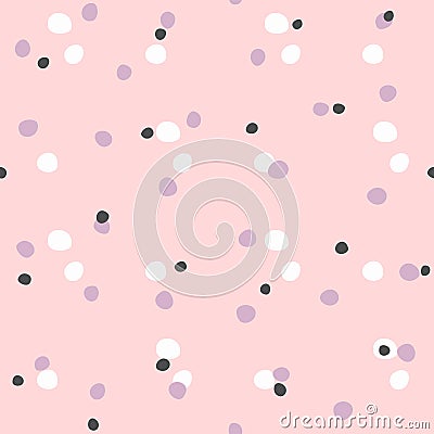 Simple seamless pattern with colored round spots. Pink, lilac, white, black. Vector Illustration