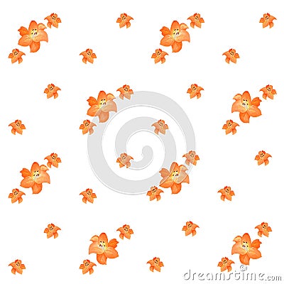 Simple seamless pattern of orange lilies of different sizes isolated on white background. Stock Photo