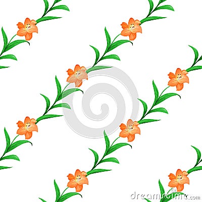 Simple seamless pattern of orange lilies with green leaves intertwined on a white background. Stock Photo