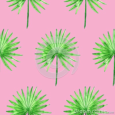 Simple seamless pattern with watercolor palm leaves on bright pink. Texture with tropical leaf repeat Stock Photo