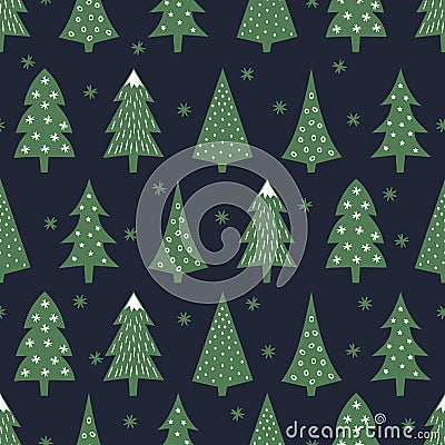 Simple seamless retro Christmas pattern - varied Xmas trees and snowflakes. Vector Illustration