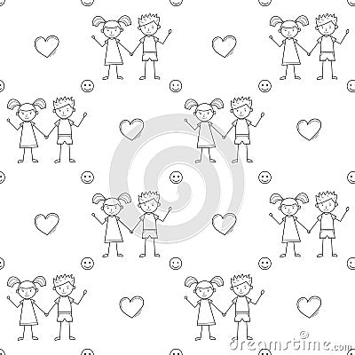 A simple seamless school pattern with cute kids drawn in a childish style, a heart and a smiley face. Black and white background Vector Illustration