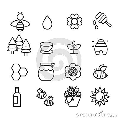 Simple set of bee and honey icon isolated. Flower and tree concept modern outline on white background Vector Illustration