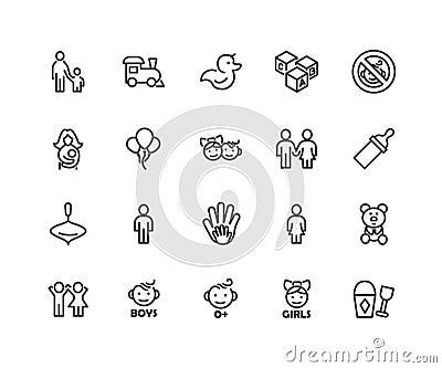 Simple Set of Children Care Related Vector Line Icons. Contains such Icons as Balloon, Train, Bear, Duck and more Vector Illustration