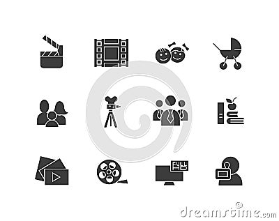 Simple set of cinema related vector silhouette icons. Contains such as movie camera, TV, family, children, video clip Vector Illustration