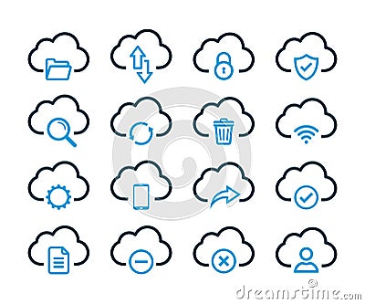 Simple Set of Computer Cloud Related and Cloud Hosting related Vector Line Icons. Cloud storage and Network Vector icon set Vector Illustration
