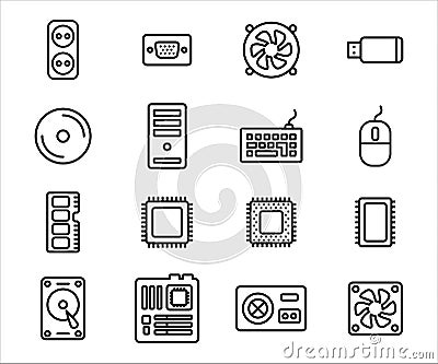 Simple Set of computer component and peripheral Related Vector icon graphic design. Contains such Icons as processor, power supply Vector Illustration