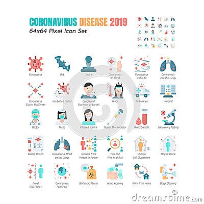 Simple Set of Coronavirus Disease 2019 Covid-19 Flat Icons. such Icons as Symptoms, Infection, Laboratory Testing, Social Vector Illustration